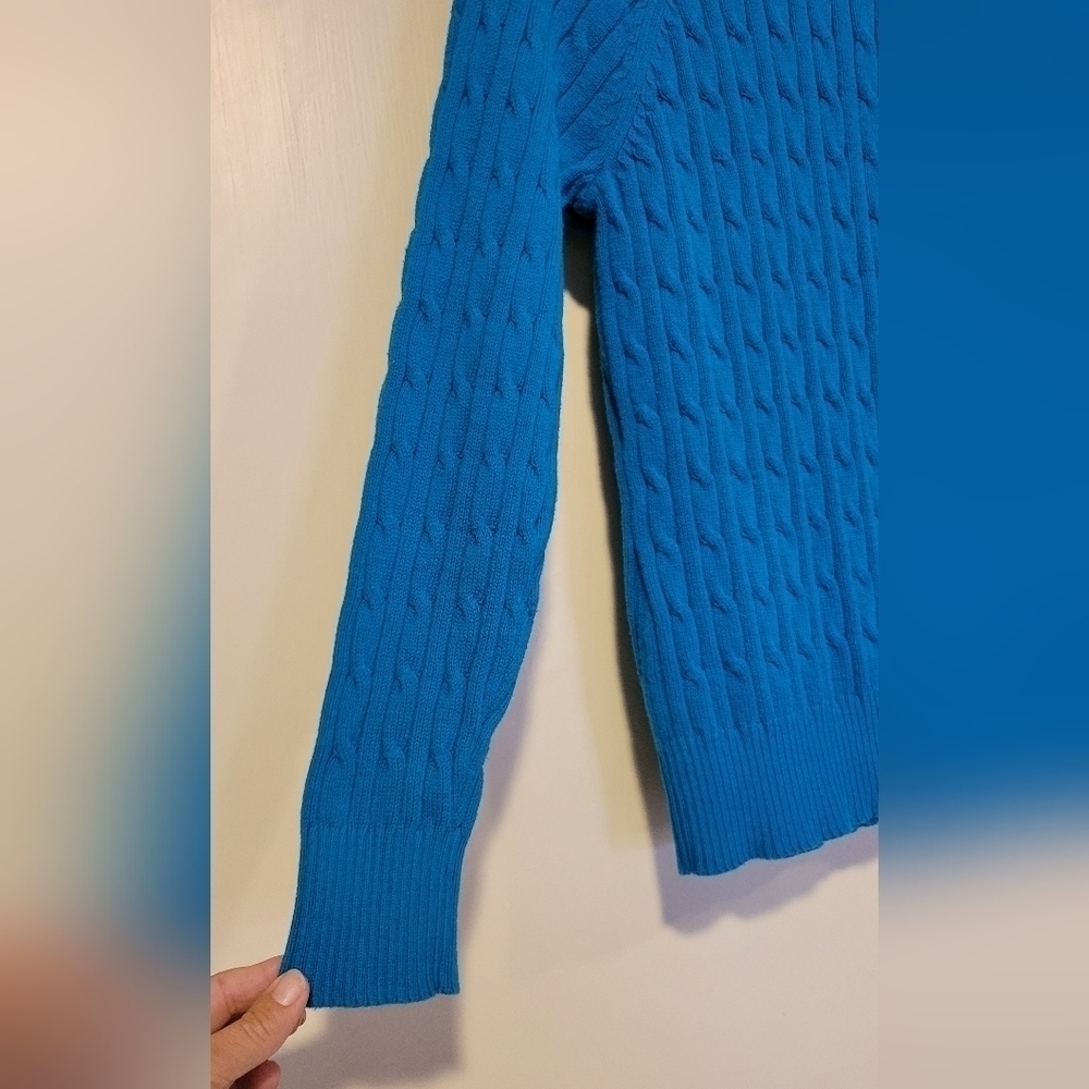 St. John's Bay turquoise blue long sleeve cable knit sweater  button detail Sz L - Picture 3 of 5